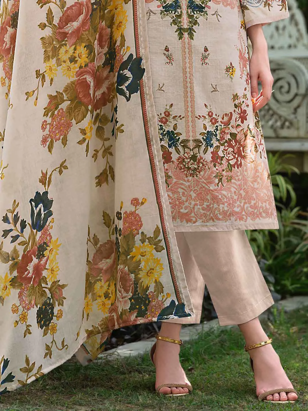 Light Peach Pakistani Print Unstitched Cotton Suit with Embroidery