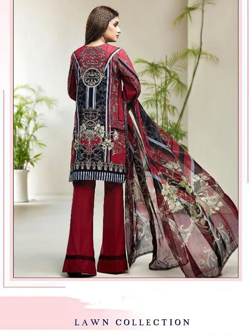 Maroon Pakistani Lawn Cotton Unstitched Salwar Kameez Suit