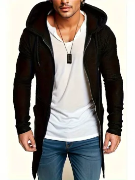 Men's Casual Mid-length Swallow-tailed Jacket, Zip Up Hooded Cardigan Overcoat