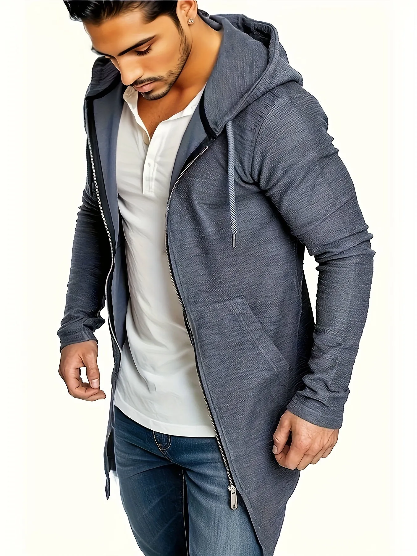 Men's Casual Mid-length Swallow-tailed Jacket, Zip Up Hooded Cardigan Overcoat