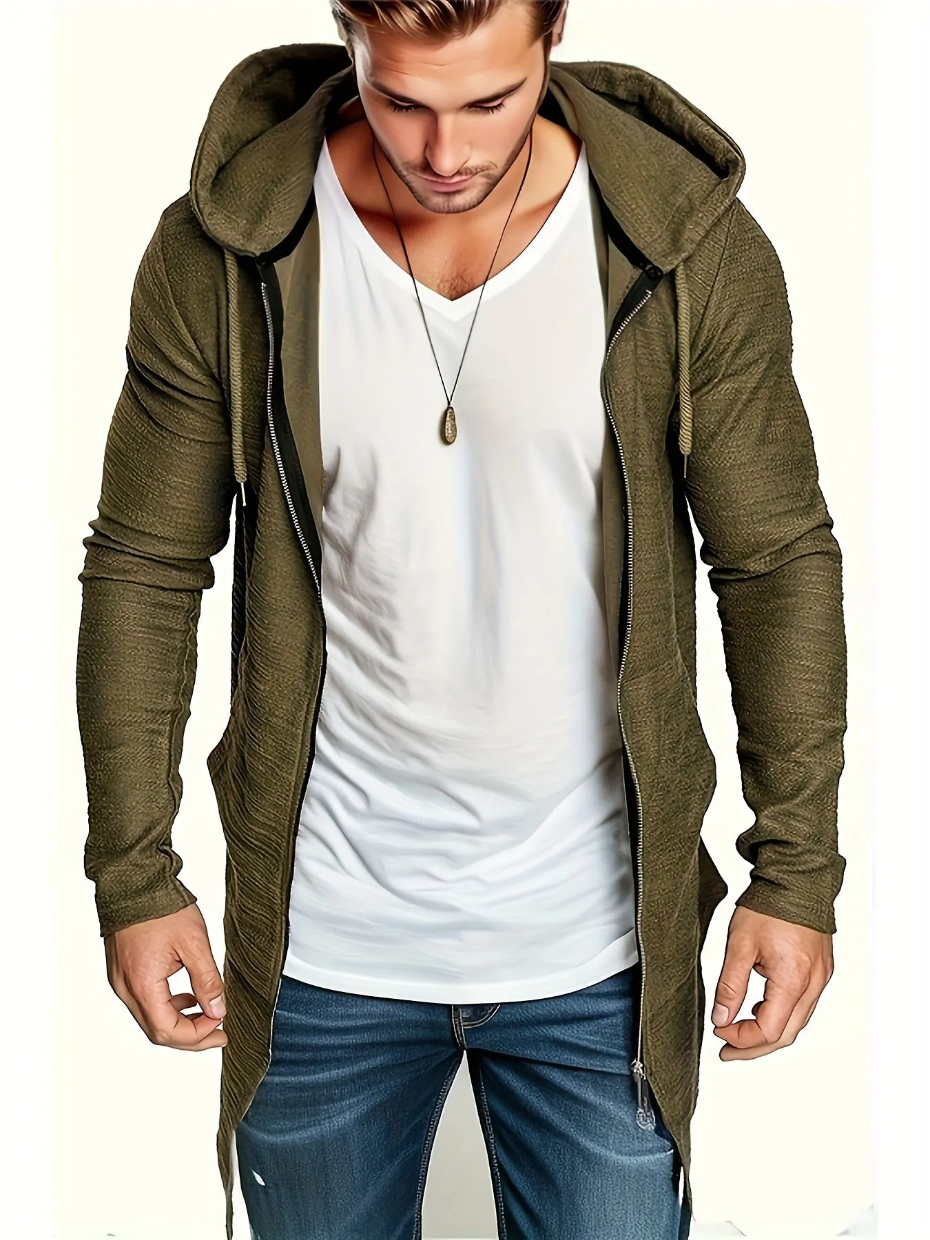 Men's Casual Mid-length Swallow-tailed Jacket, Zip Up Hooded Cardigan Overcoat