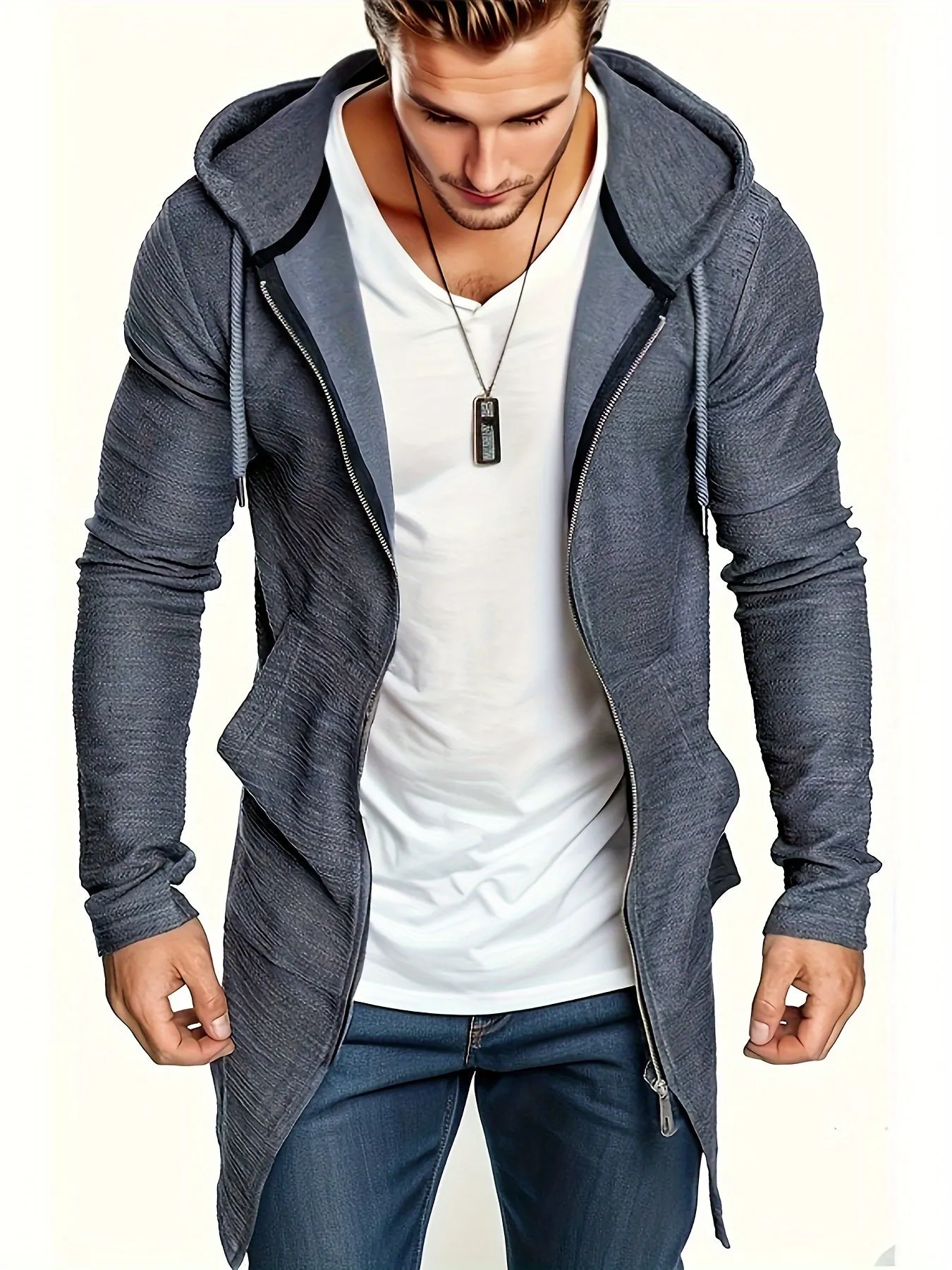 Men's Casual Mid-length Swallow-tailed Jacket, Zip Up Hooded Cardigan Overcoat