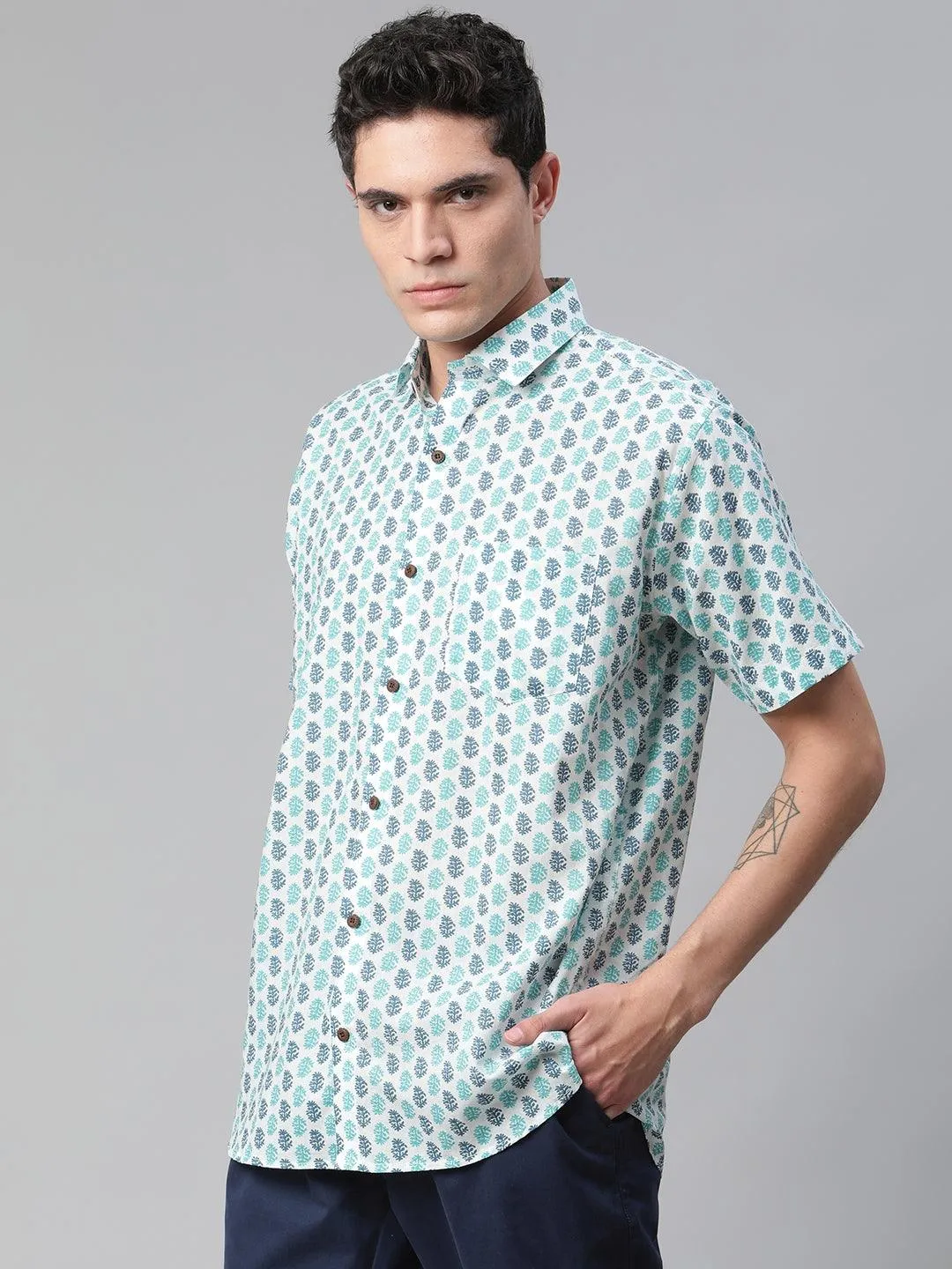 Millennial Men White & Green Cotton  Half Sleeve Shirt For Men-Mmh0171