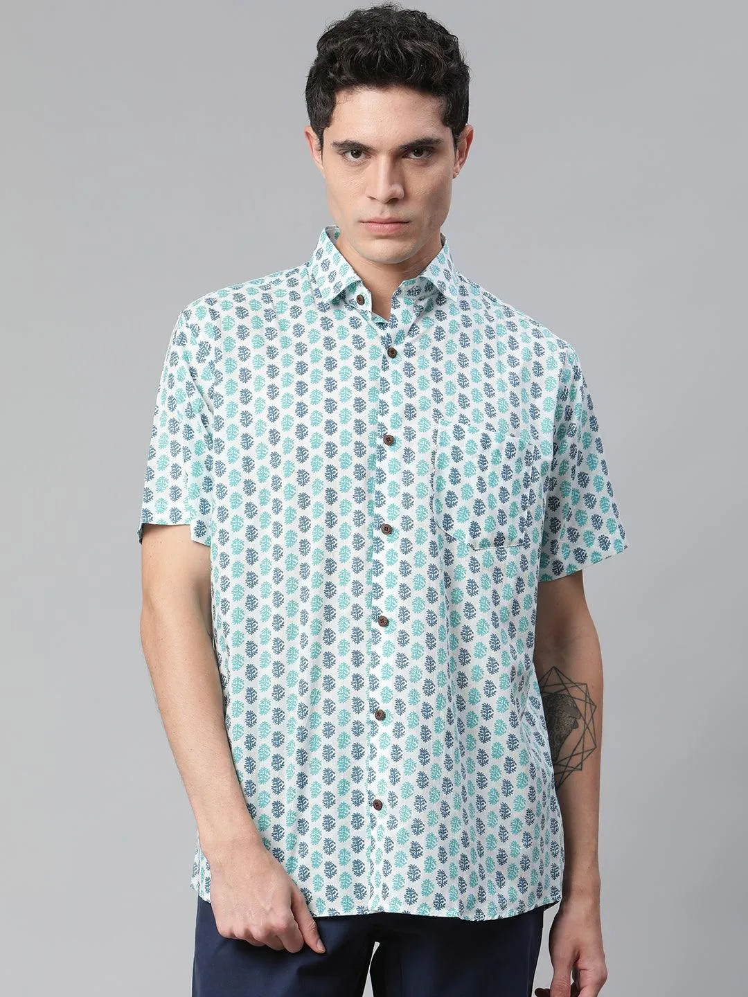 Millennial Men White & Green Cotton  Half Sleeve Shirt For Men-Mmh0171