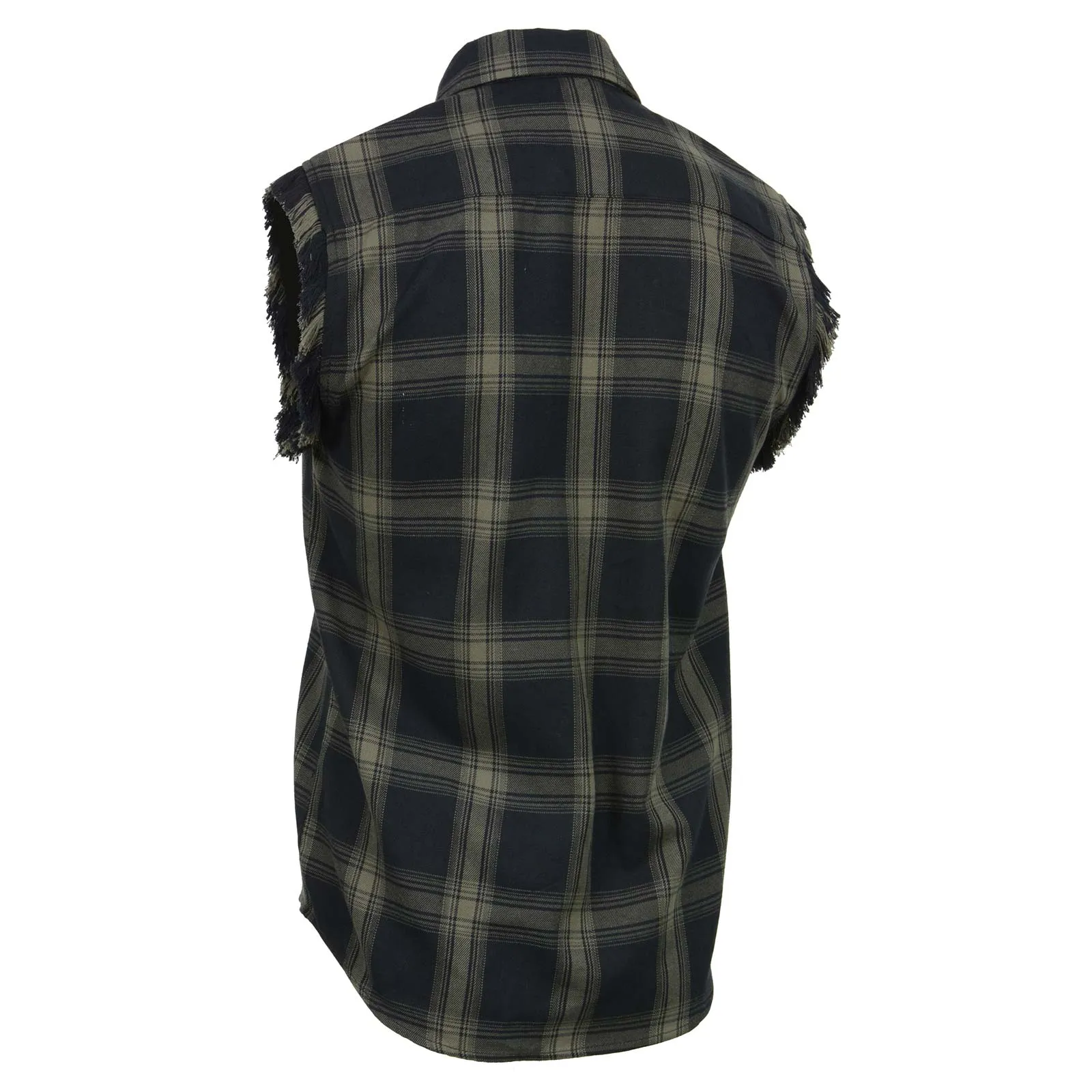 Milwaukee Leather MNG11695 Men’s Classic Black and Dark Grey Button-Down Flannel Cut Off Frayed Sleeveless Casual Shirt