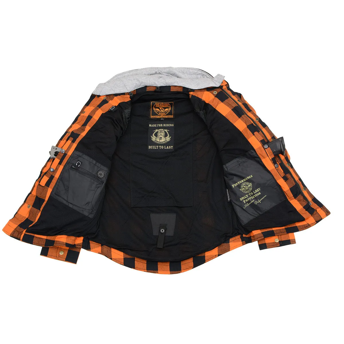 Milwaukee Leather MPM1642 Men's Plaid Hooded Flannel Biker Shirt with CE Approved Armor - Reinforced w/ Aramid Fibers