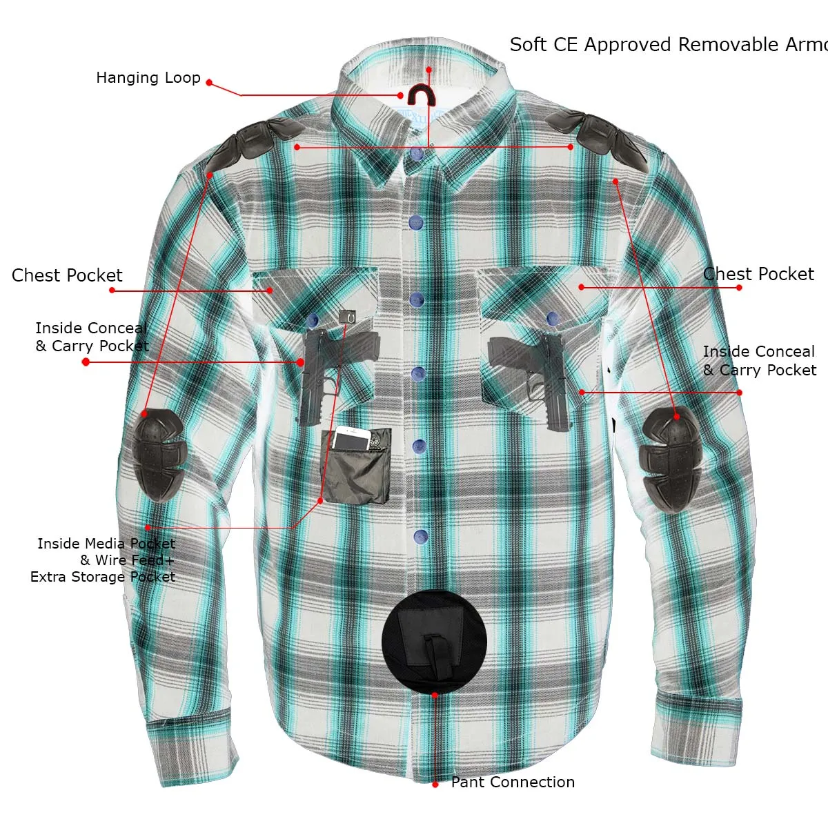 Milwaukee Leather MPM1651 Men's Plaid Flannel Biker Shirt with CE Approved Armor - Reinforced w/ Aramid Fiber