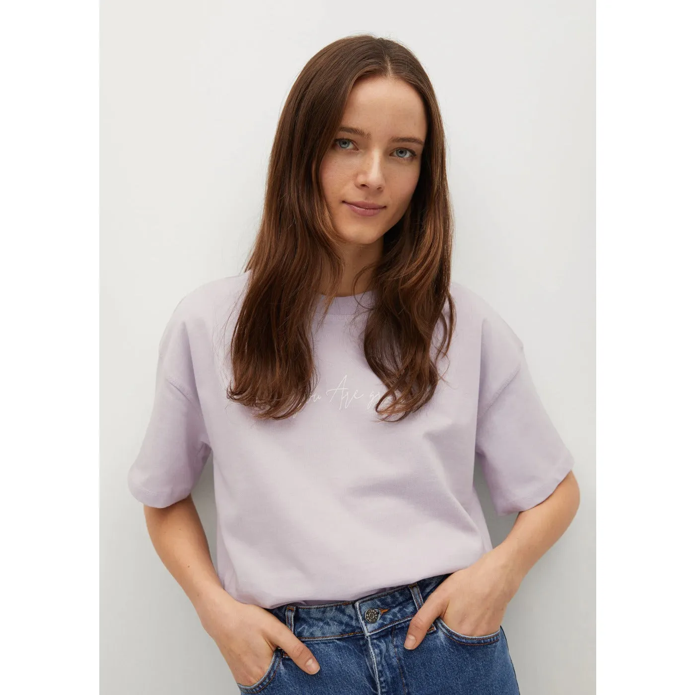 MNG Lilac Printed Cotton T-shirt