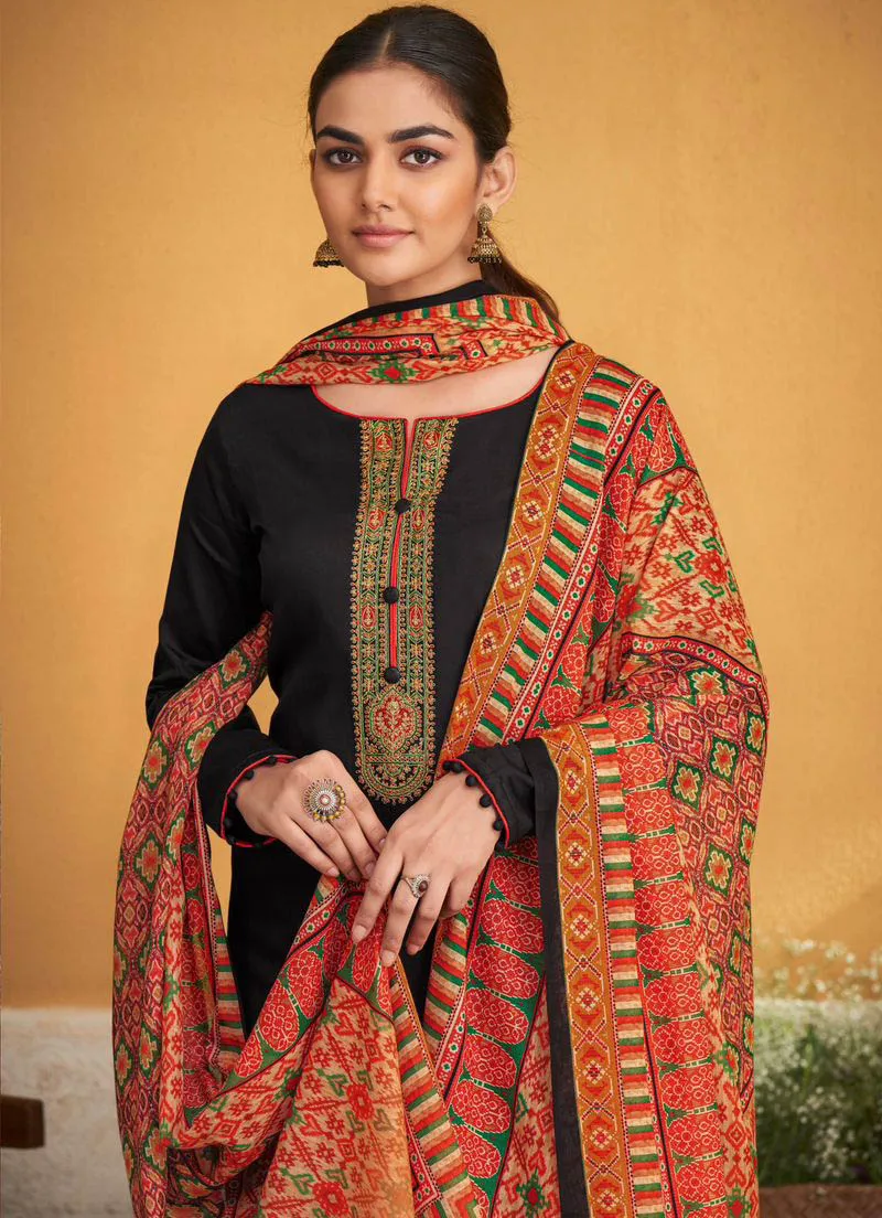 Mumtaz Arts Pure Jam Satin Unstitched Black Suits Dress Material