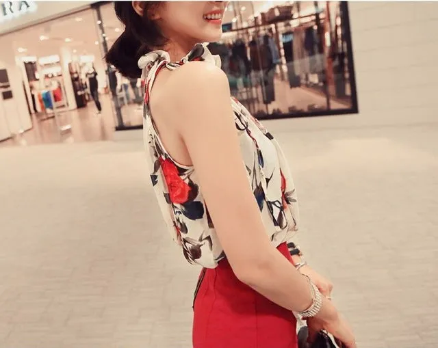 New  Fashion Women Sleeveless Chiffon Floral Print Blouses Ruffles Turtleneck Tops Shirt Vest Design Loose Brand T57334