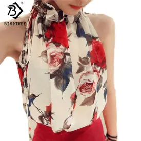 New  Fashion Women Sleeveless Chiffon Floral Print Blouses Ruffles Turtleneck Tops Shirt Vest Design Loose Brand T57334