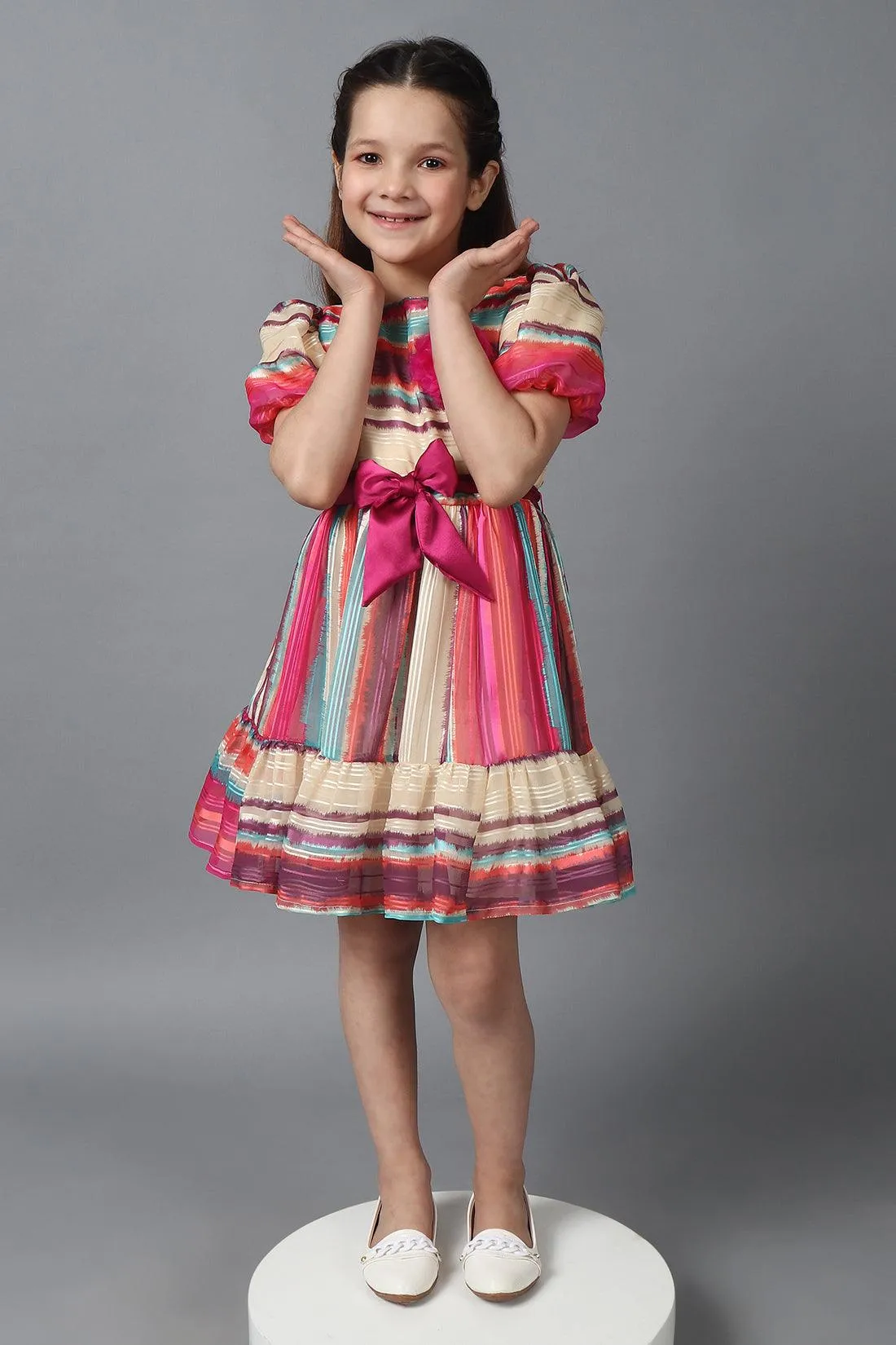 One Friday Kids Girls Multicolored Round Neck Dress