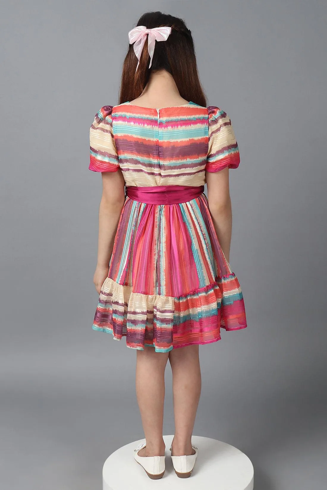 One Friday Kids Girls Multicolored Round Neck Dress