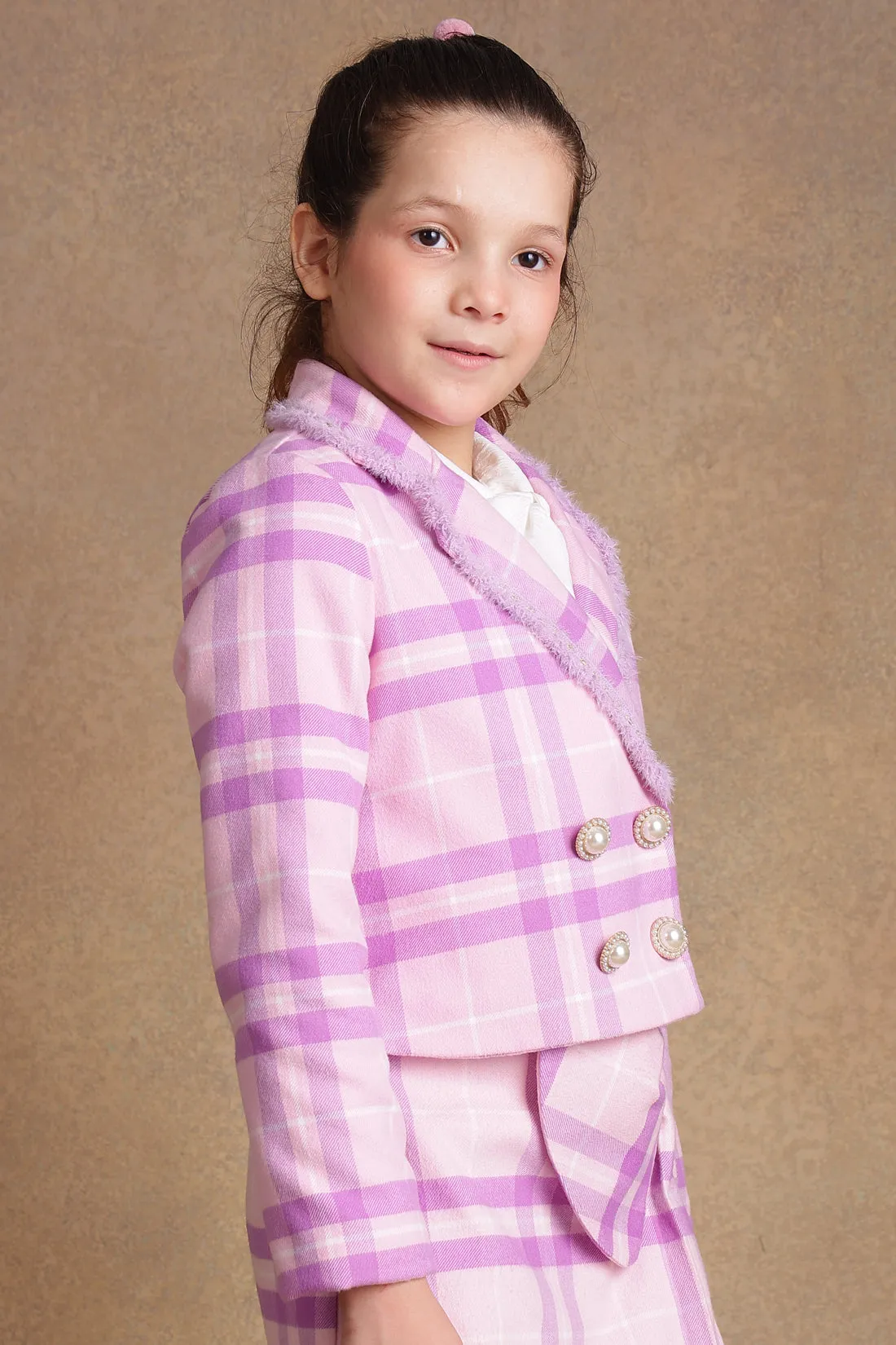 One Friday Kids Girls Pink & Lilac Checkered Blazer