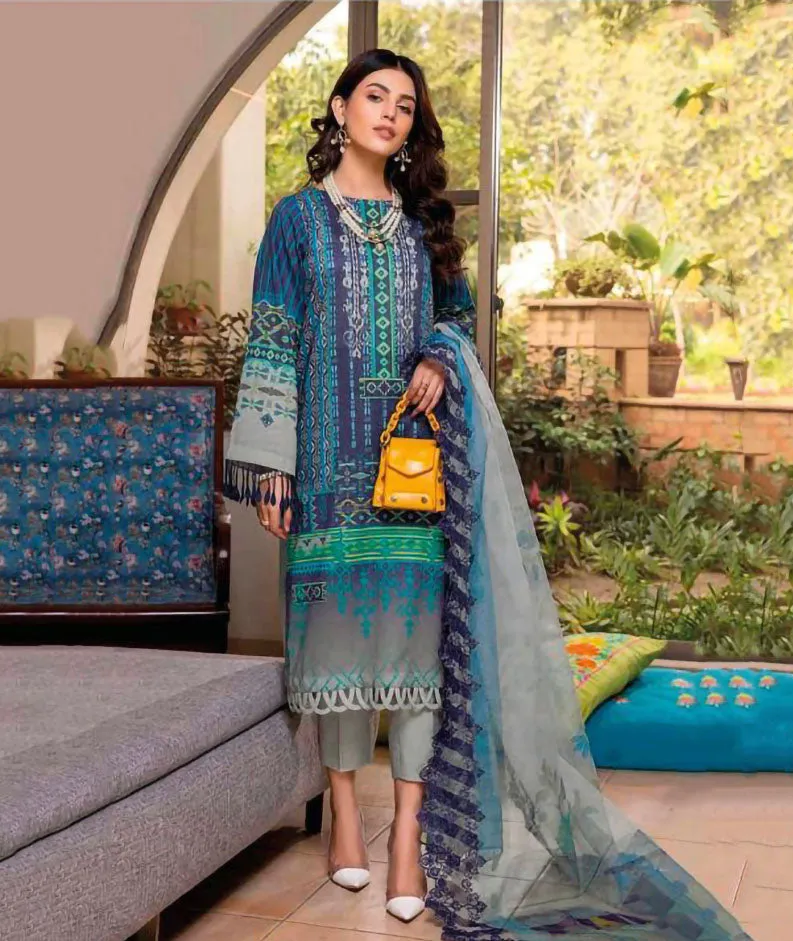 Pakistani Blue Cotton Suits Material with Chiffon Dupatta