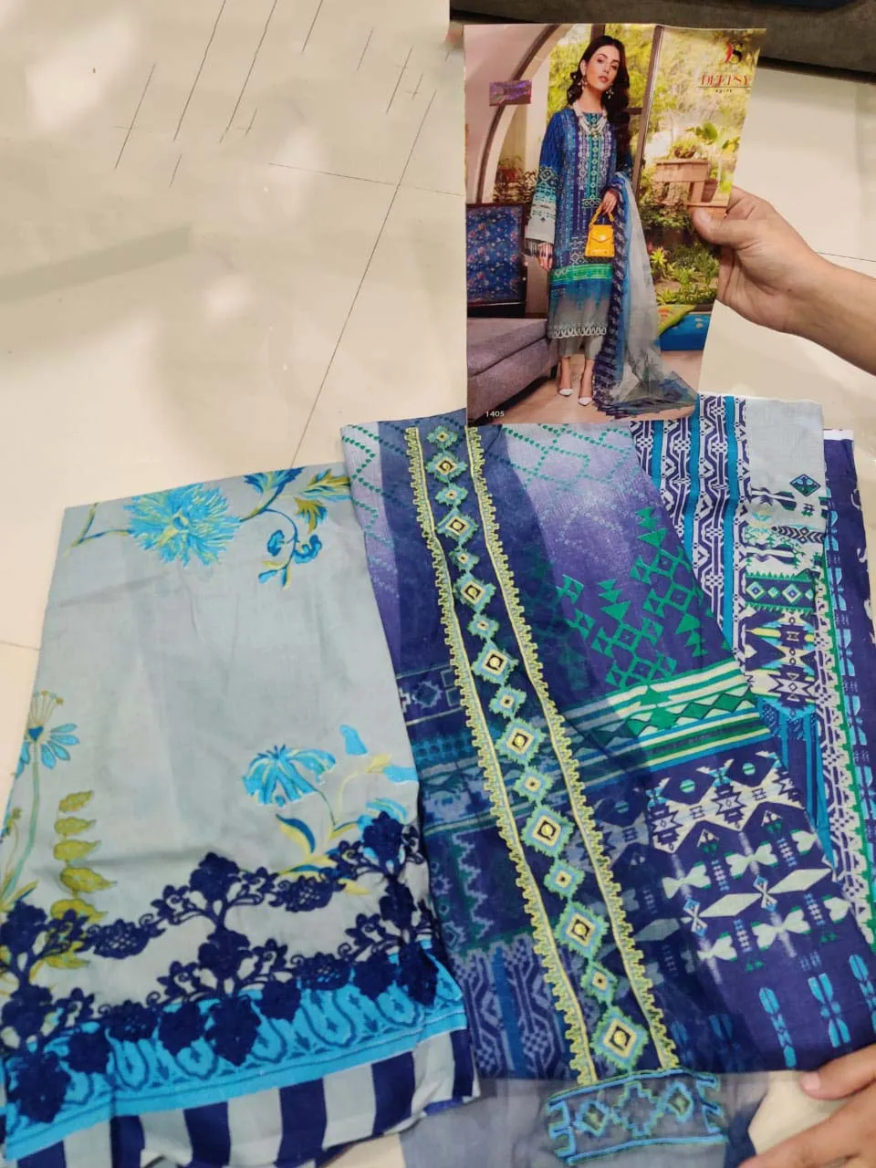 Pakistani Blue Cotton Suits Material with Chiffon Dupatta