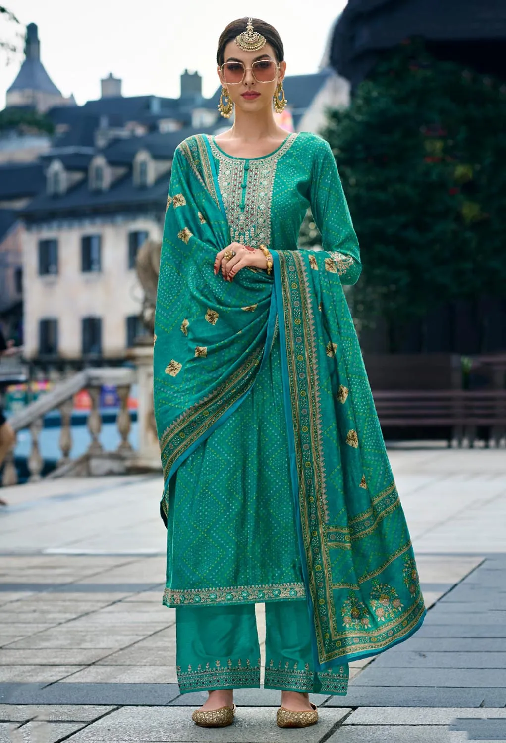 Party Wear Unstitched Muslin Salwar Suit with Fancy Work Green