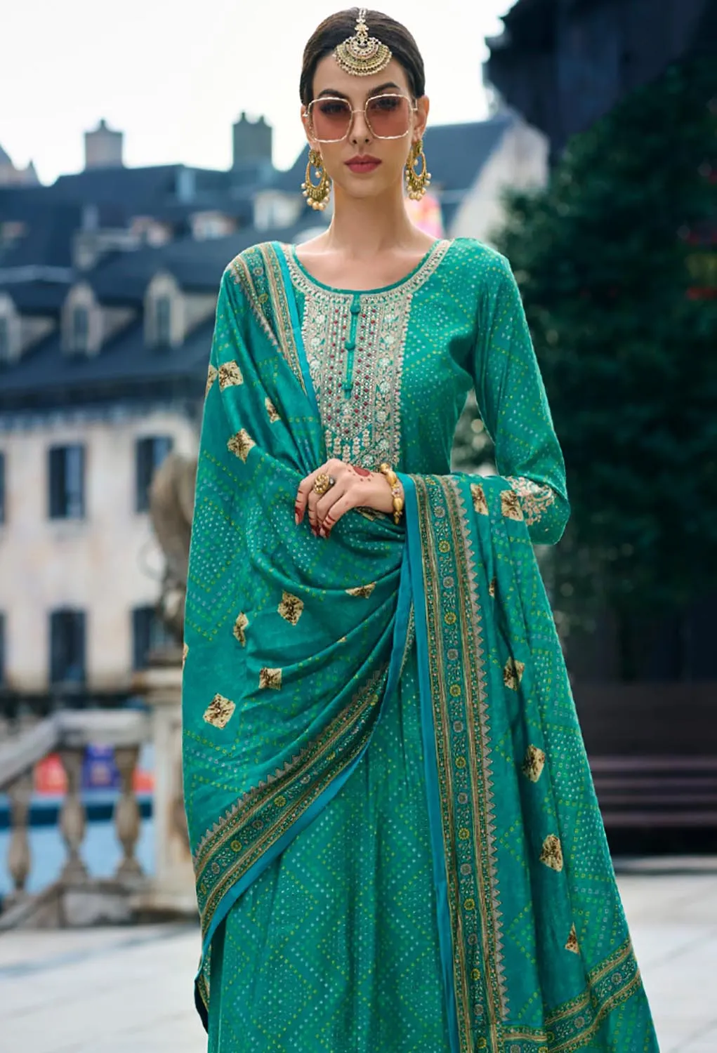 Party Wear Unstitched Muslin Salwar Suit with Fancy Work Green