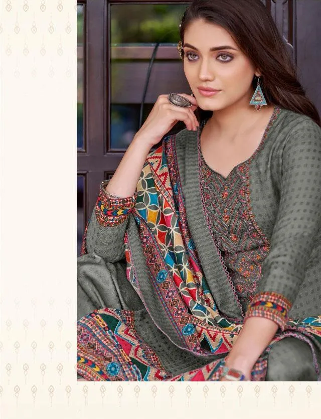 Pashmina Dark Grey Unstitched Winter Suits With Printed Dupatta