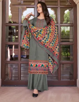 Pashmina Dark Grey Unstitched Winter Suits With Printed Dupatta