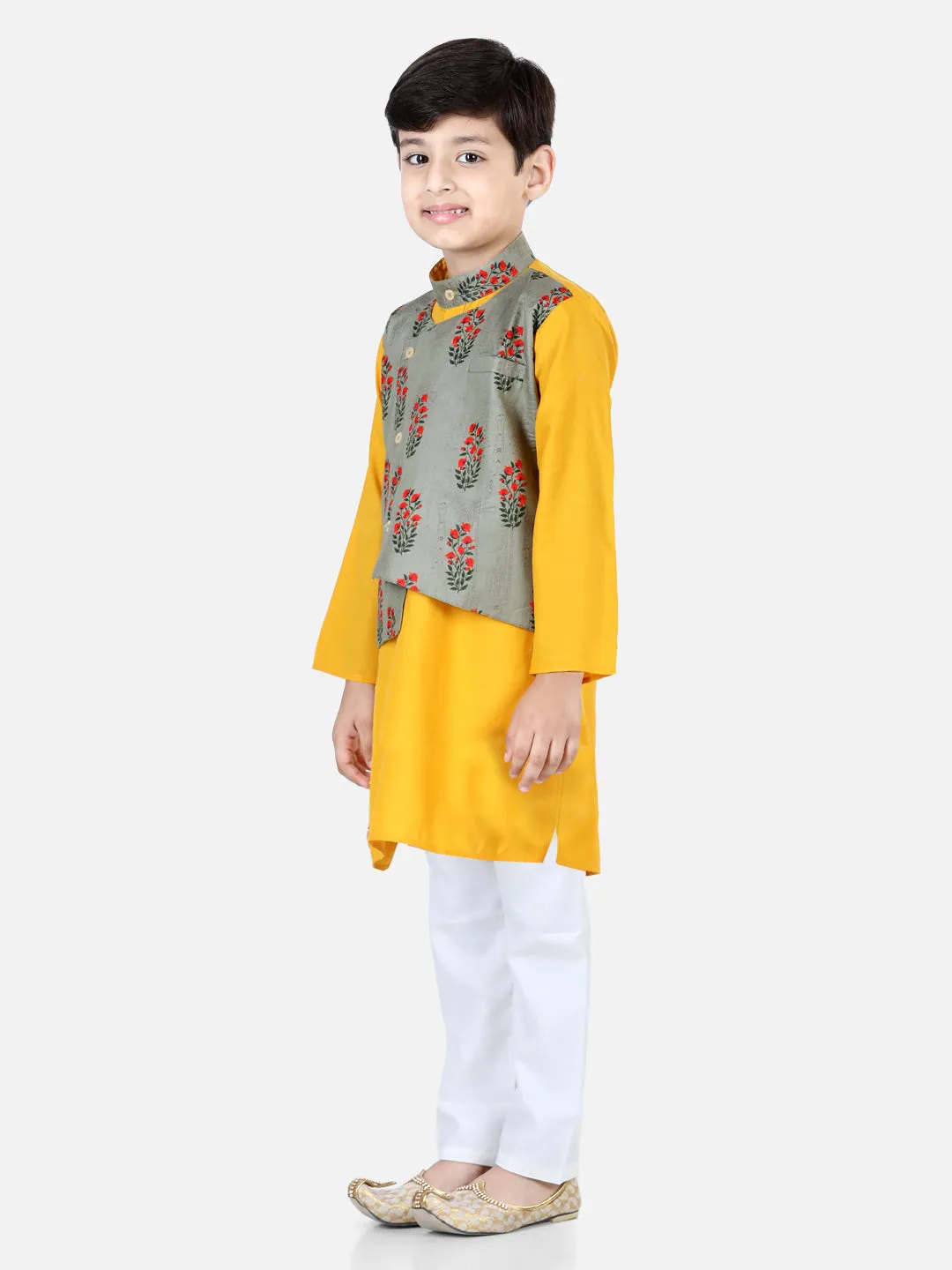 Printed Attached Jacket Cotton Kurta Pajama for Boys- Grey