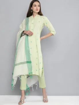 Pure Cotton Handloom Unstitched Green Ethnic Dress Material