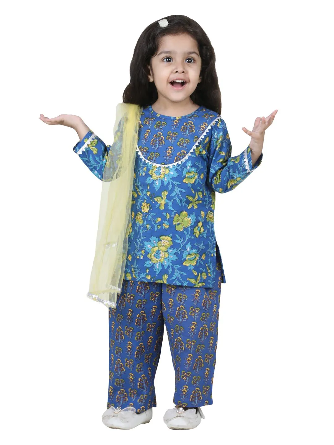 Pure Cotton Kurti with Pant & Dupatta for Girls- Blue