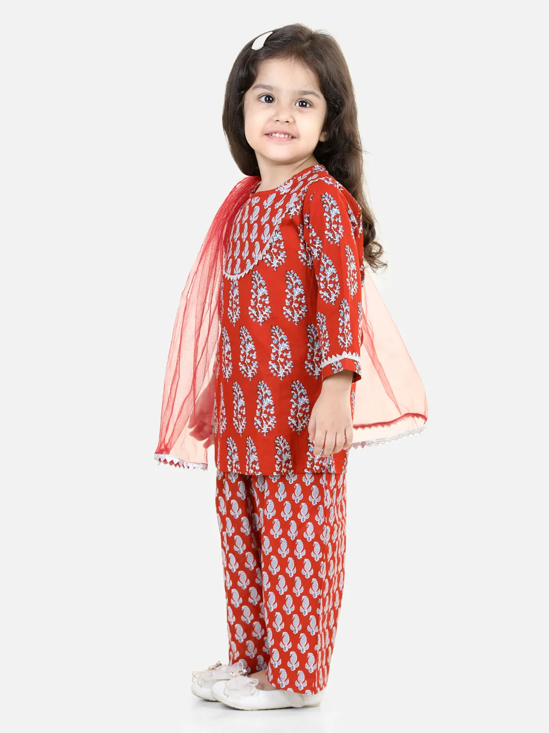 Pure Cotton Kurti with Pant & Dupatta for Girls- Maroon