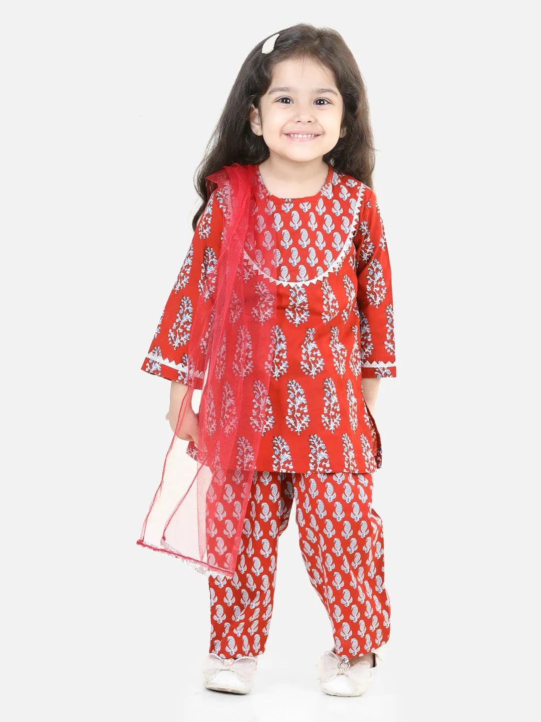 Pure Cotton Kurti with Pant & Dupatta for Girls- Maroon