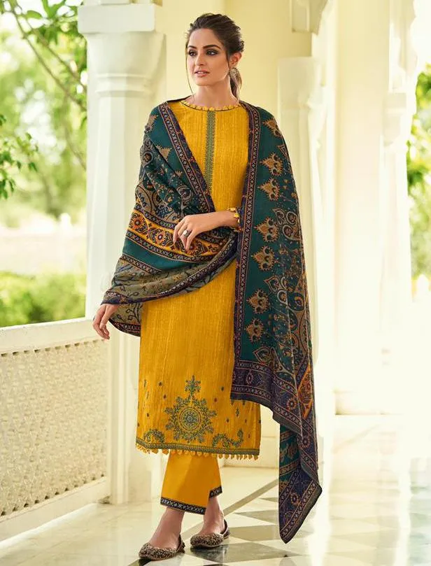 Pure Pashmina Yellow salwar suit Dress Material for Woman with Embroidery