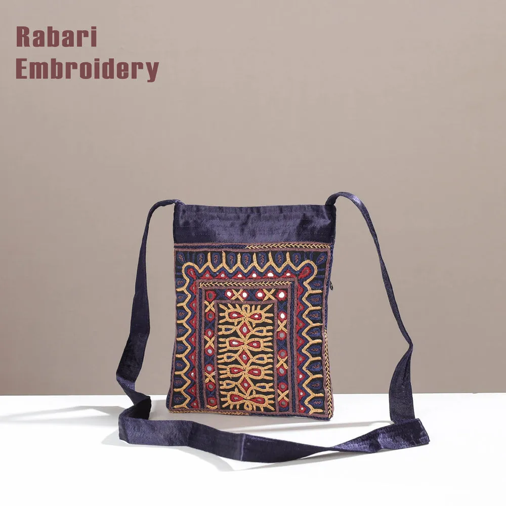 Purple - Kutch Rabari Hand Embroidery Mashru Silk Sling Bag