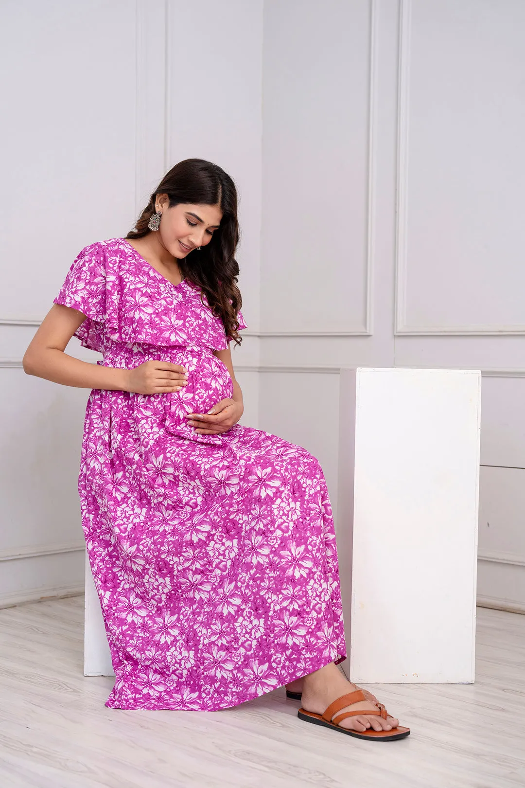 Purple Printed Maternity Dress For Women