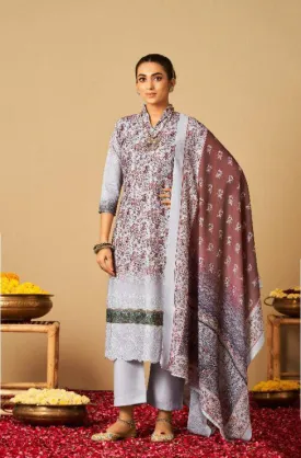 Rayon Pashmina Unstitched Winter Light Grey Printed Suits Set with Embroidery