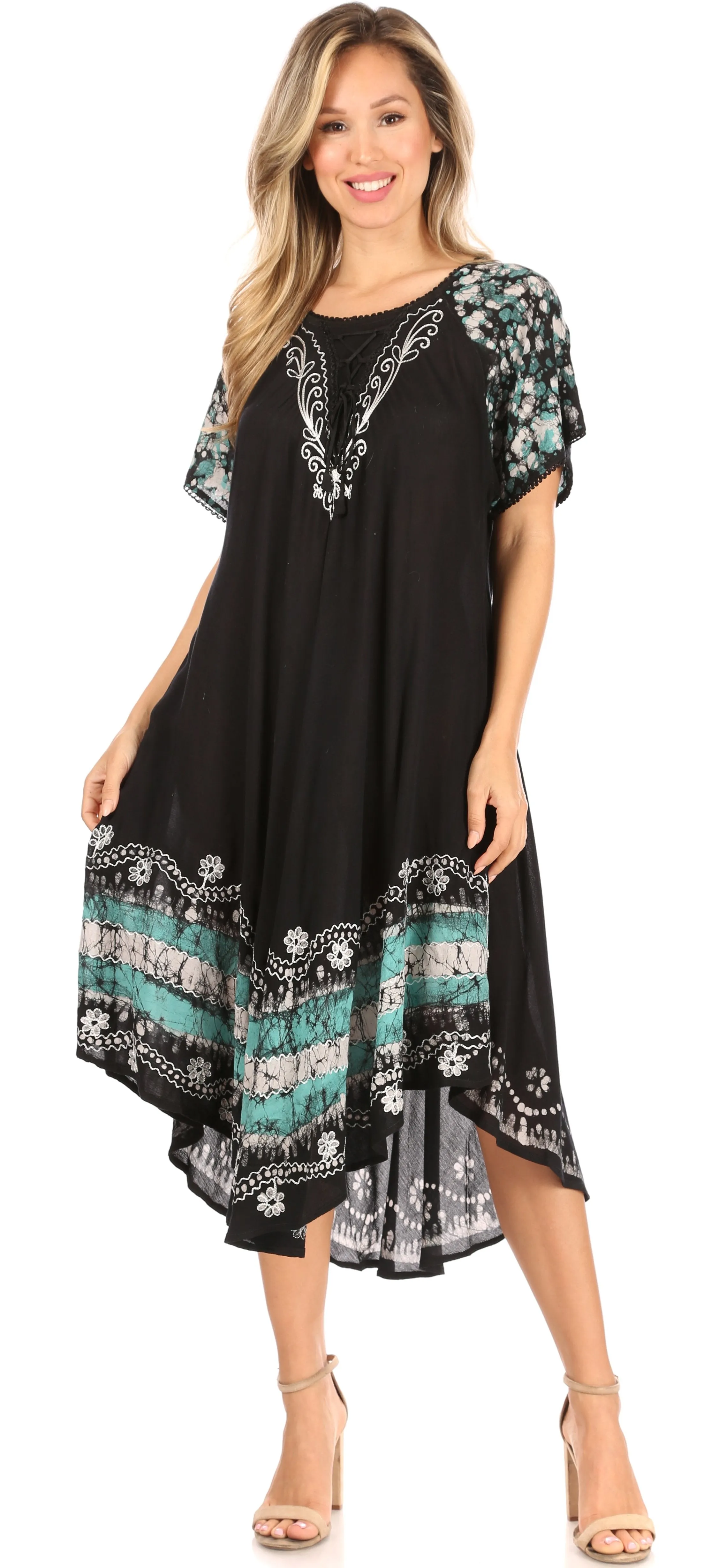 Sakkas Elisha Mid Length Batik Caftan Embroidered Cap Sleeves Floral Pattern