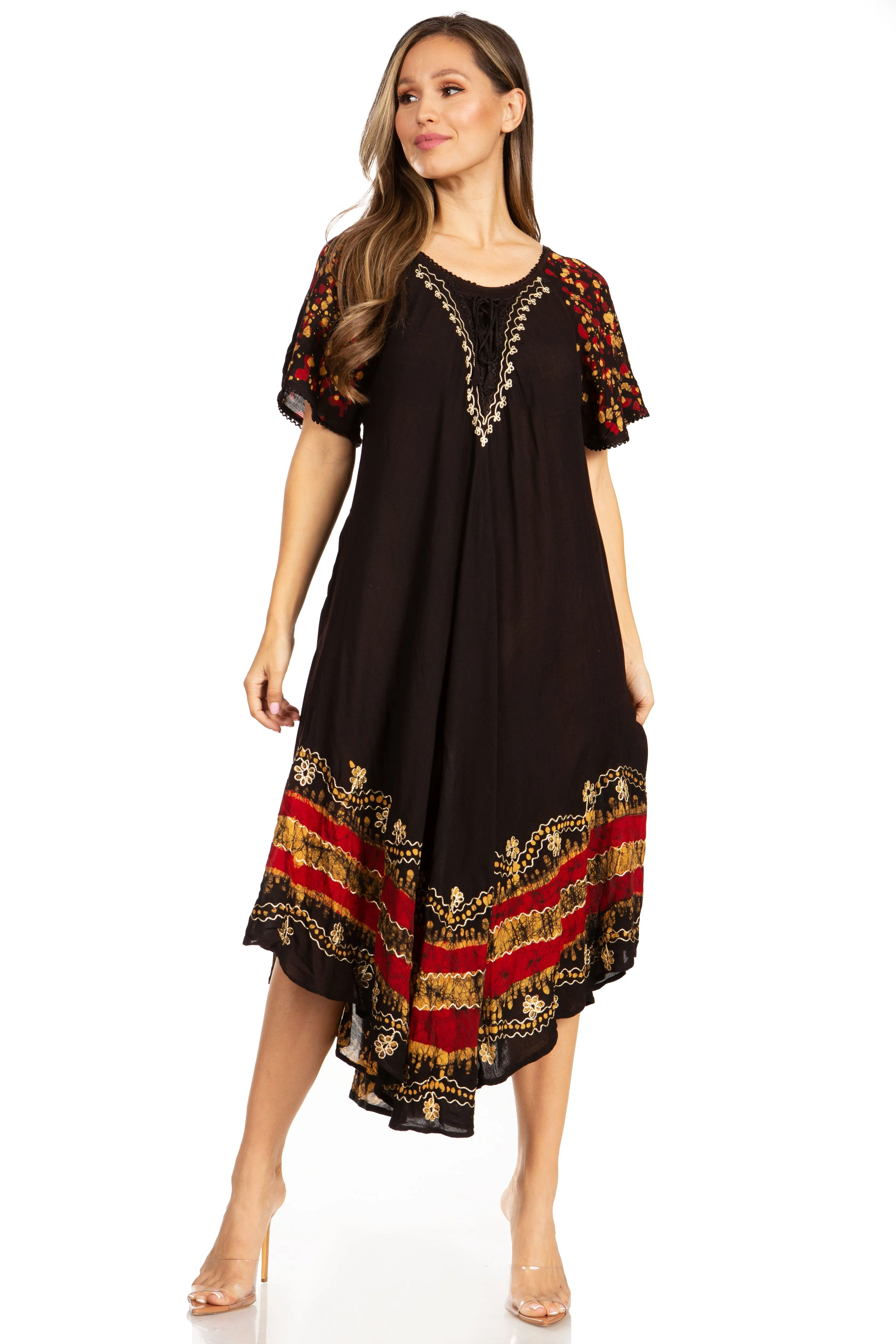 Sakkas Elisha Mid Length Batik Caftan Embroidered Cap Sleeves Floral Pattern