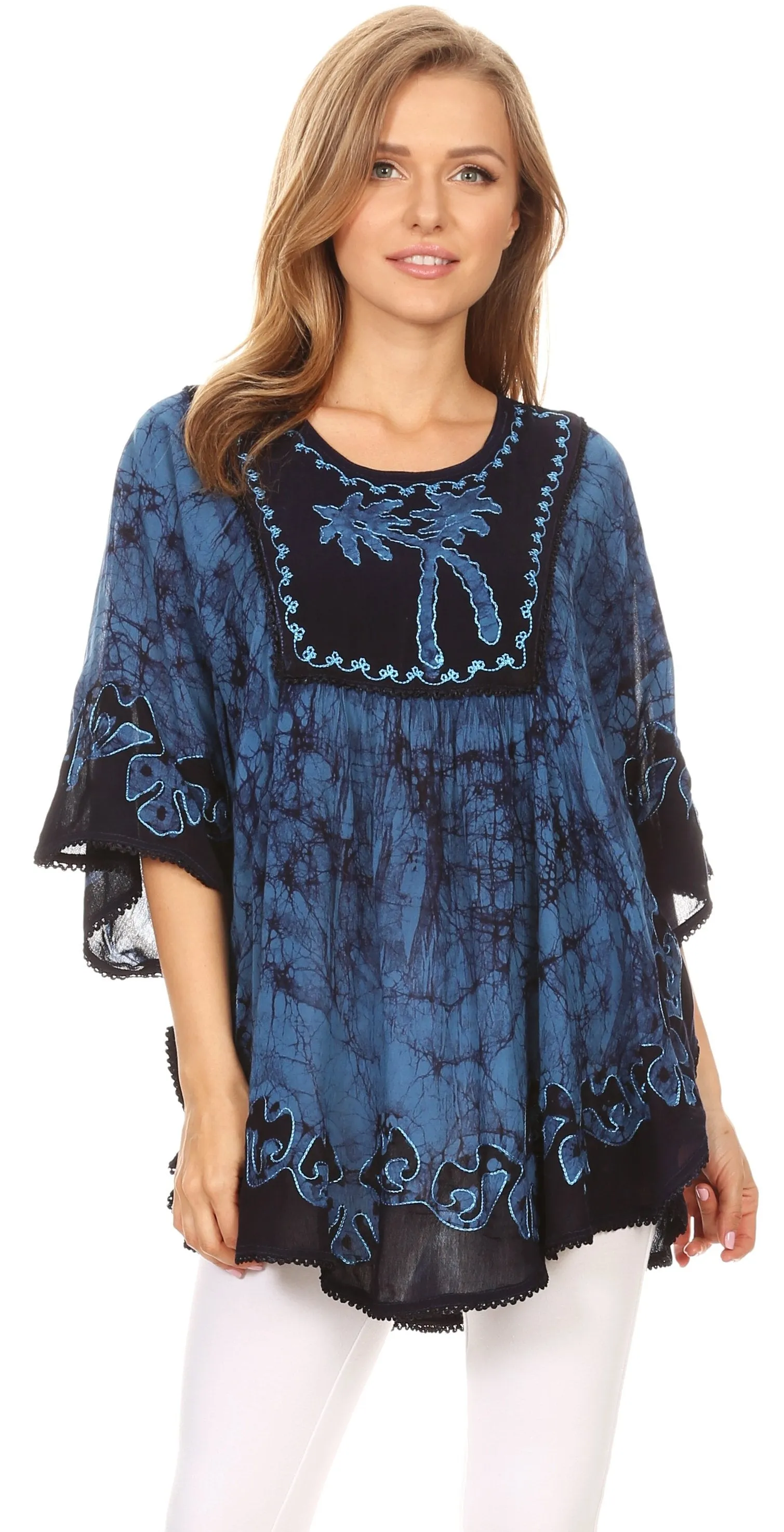 Sakkas Lynda Two Tone Batik Embroidered Palm Tree Peasant Top / Poncho