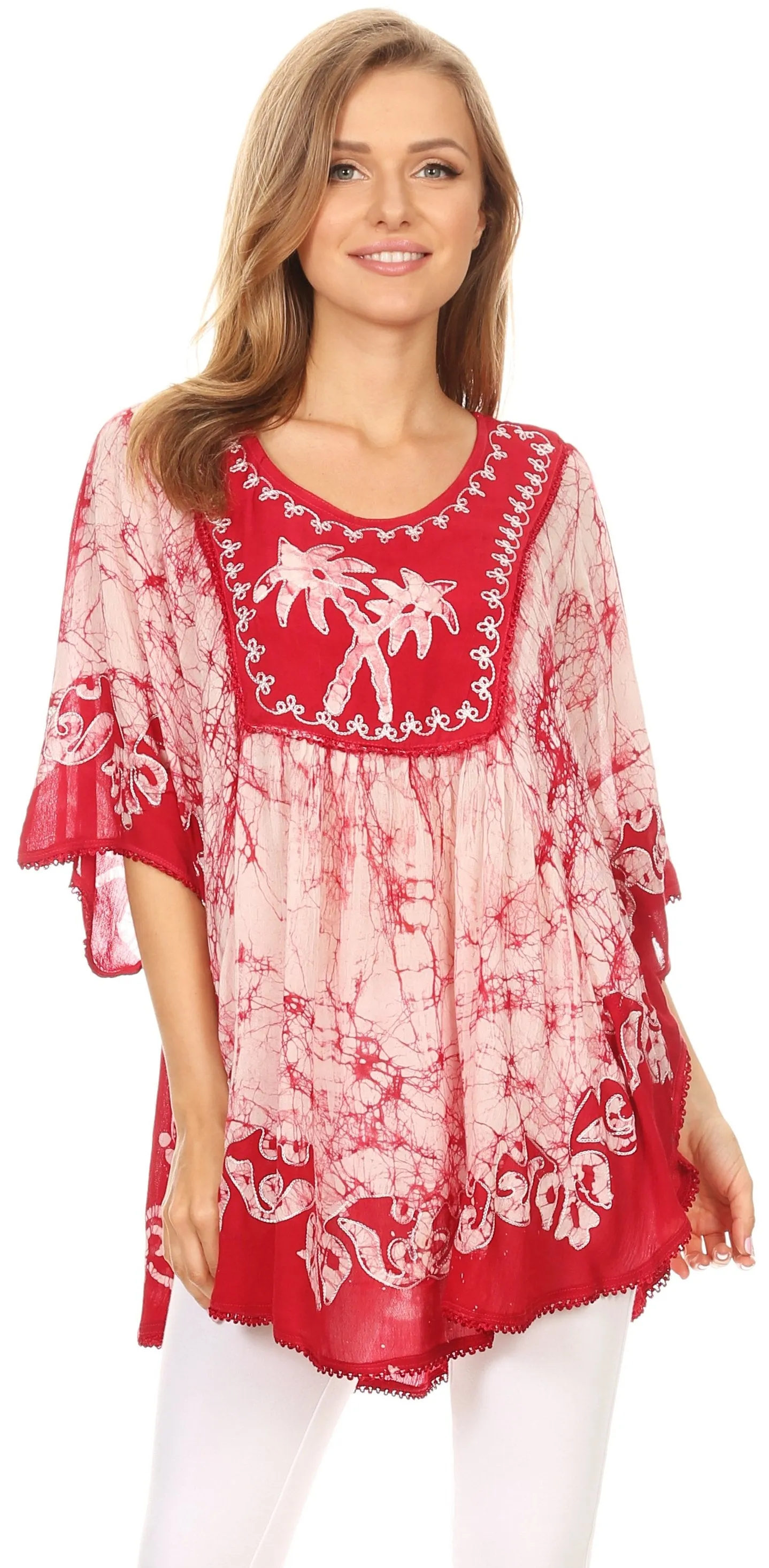 Sakkas Lynda Two Tone Batik Embroidered Palm Tree Peasant Top / Poncho