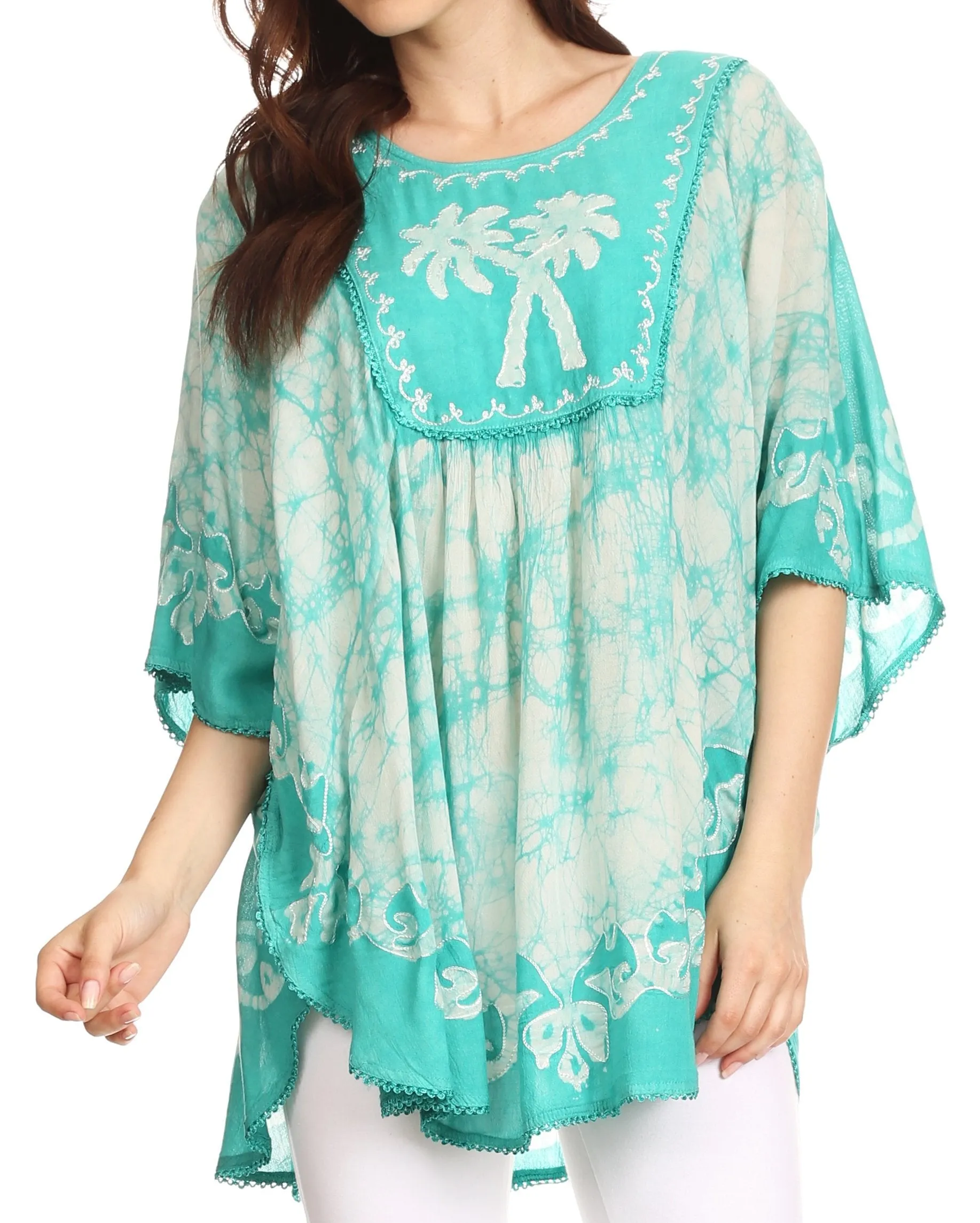 Sakkas Lynda Two Tone Batik Embroidered Palm Tree Peasant Top / Poncho