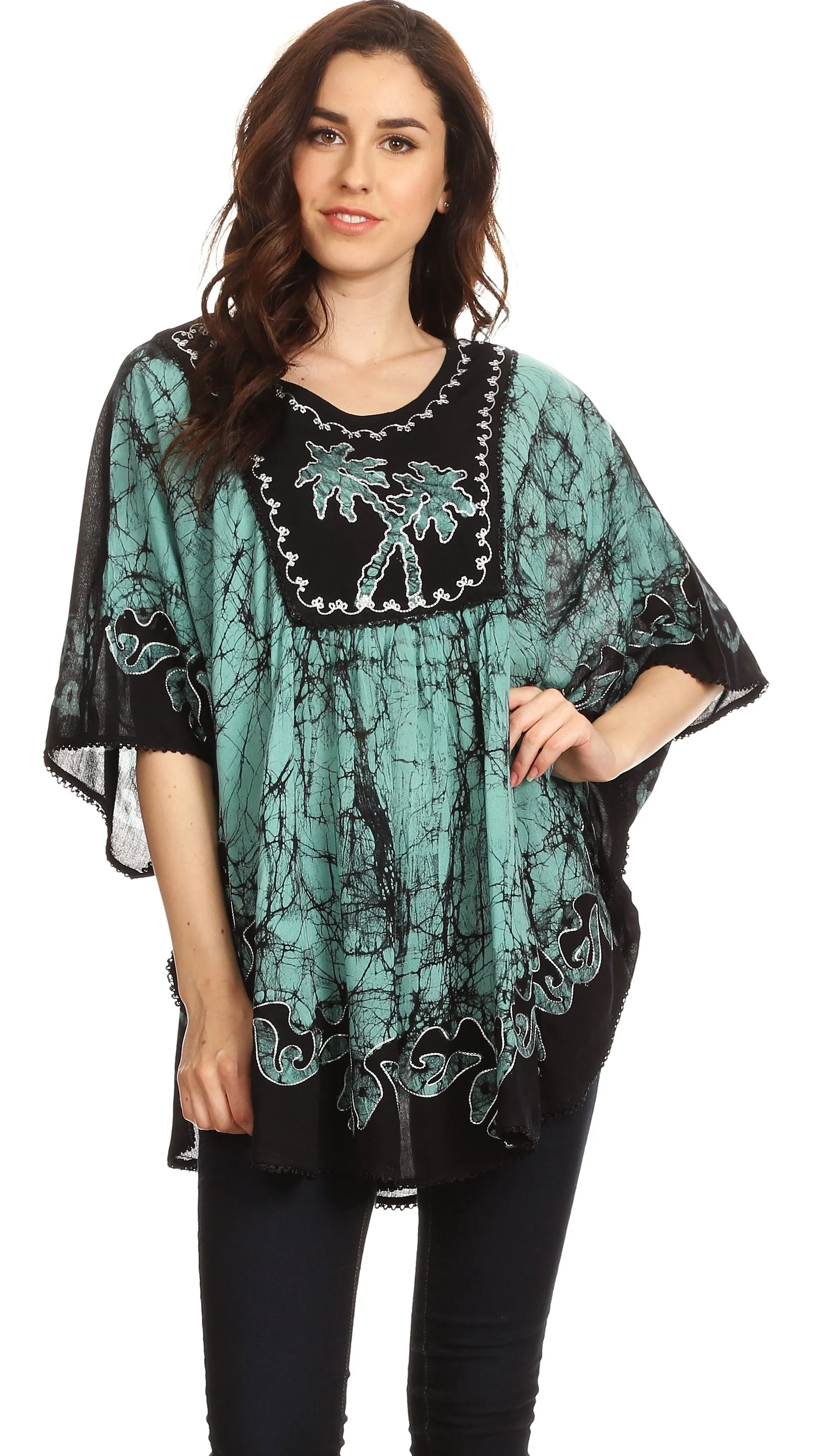 Sakkas Lynda Two Tone Batik Embroidered Palm Tree Peasant Top / Poncho