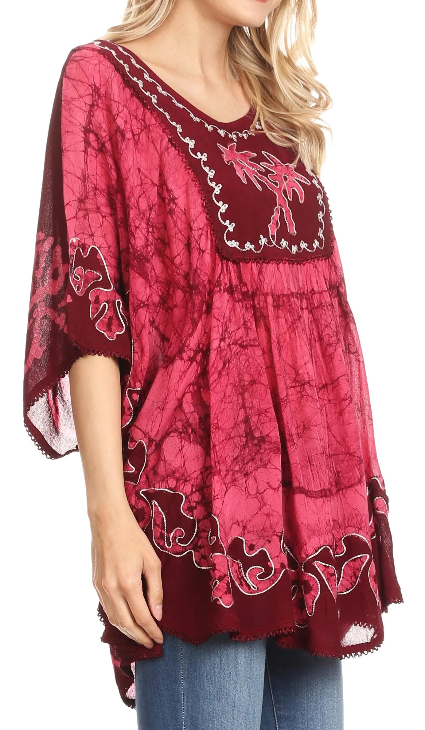 Sakkas Lynda Two Tone Batik Embroidered Palm Tree Peasant Top / Poncho