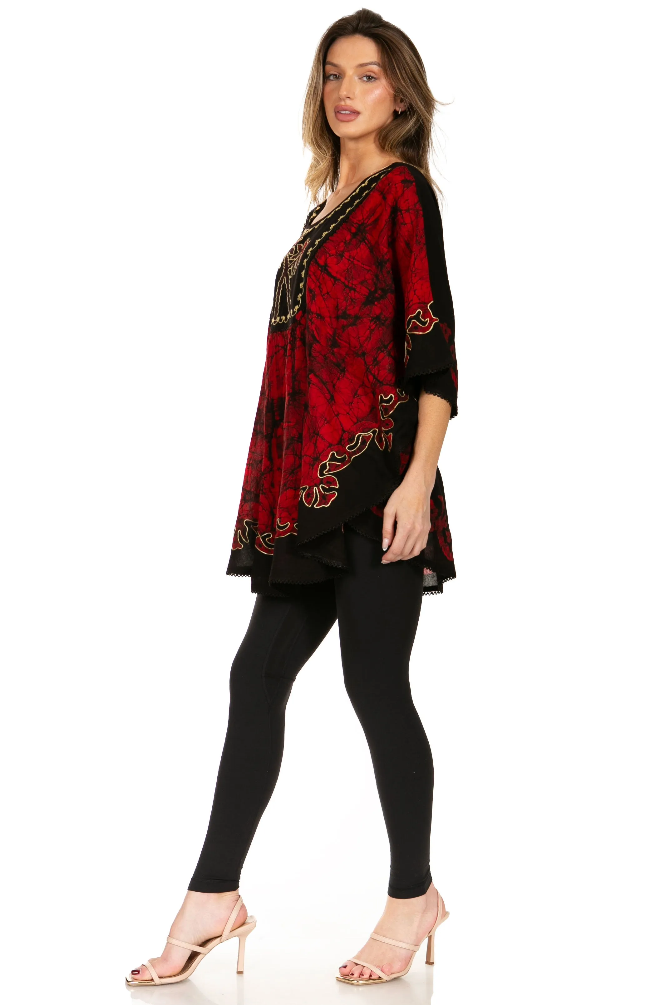 Sakkas Lynda Two Tone Batik Embroidered Palm Tree Peasant Top / Poncho