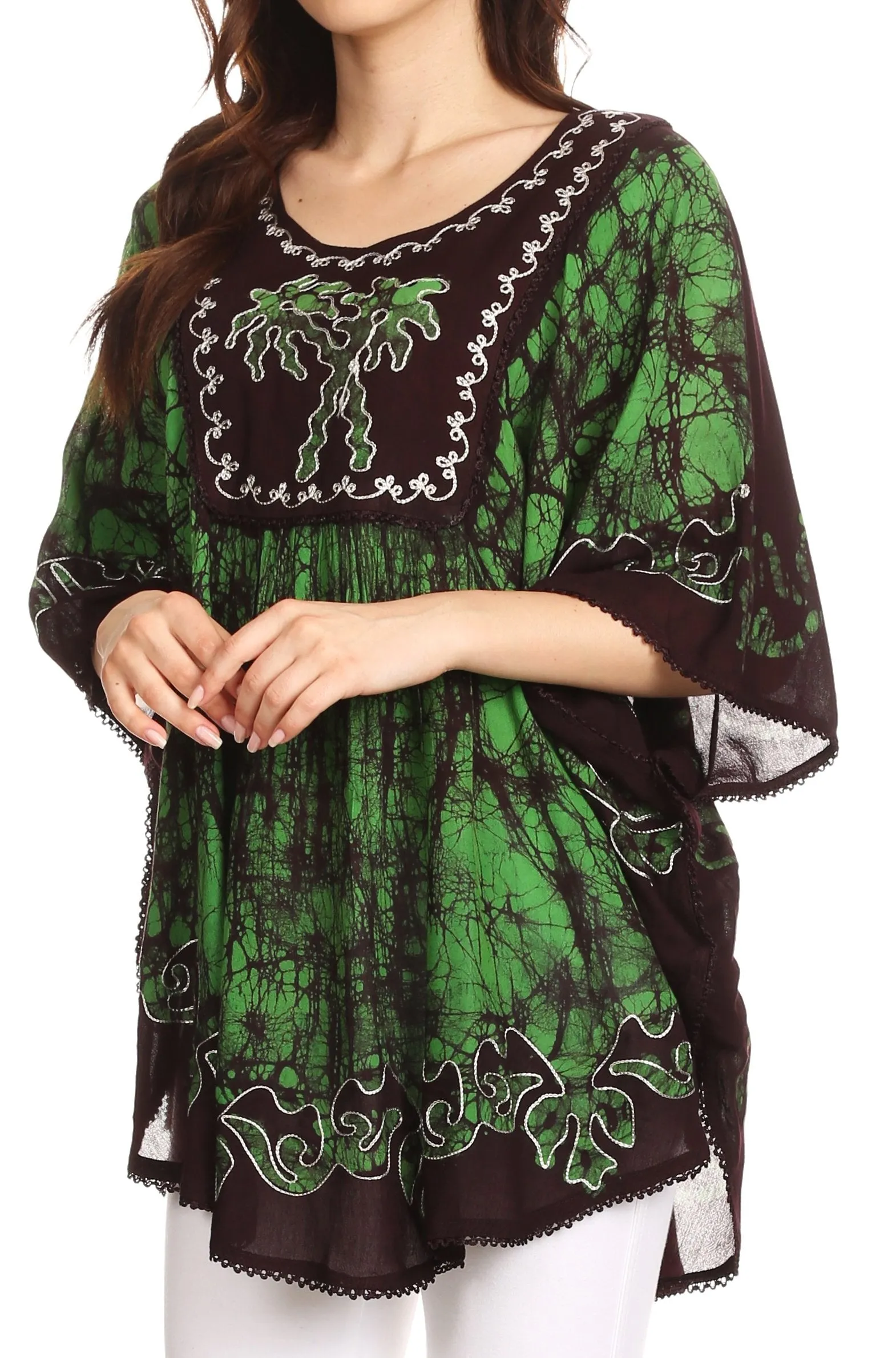 Sakkas Lynda Two Tone Batik Embroidered Palm Tree Peasant Top / Poncho