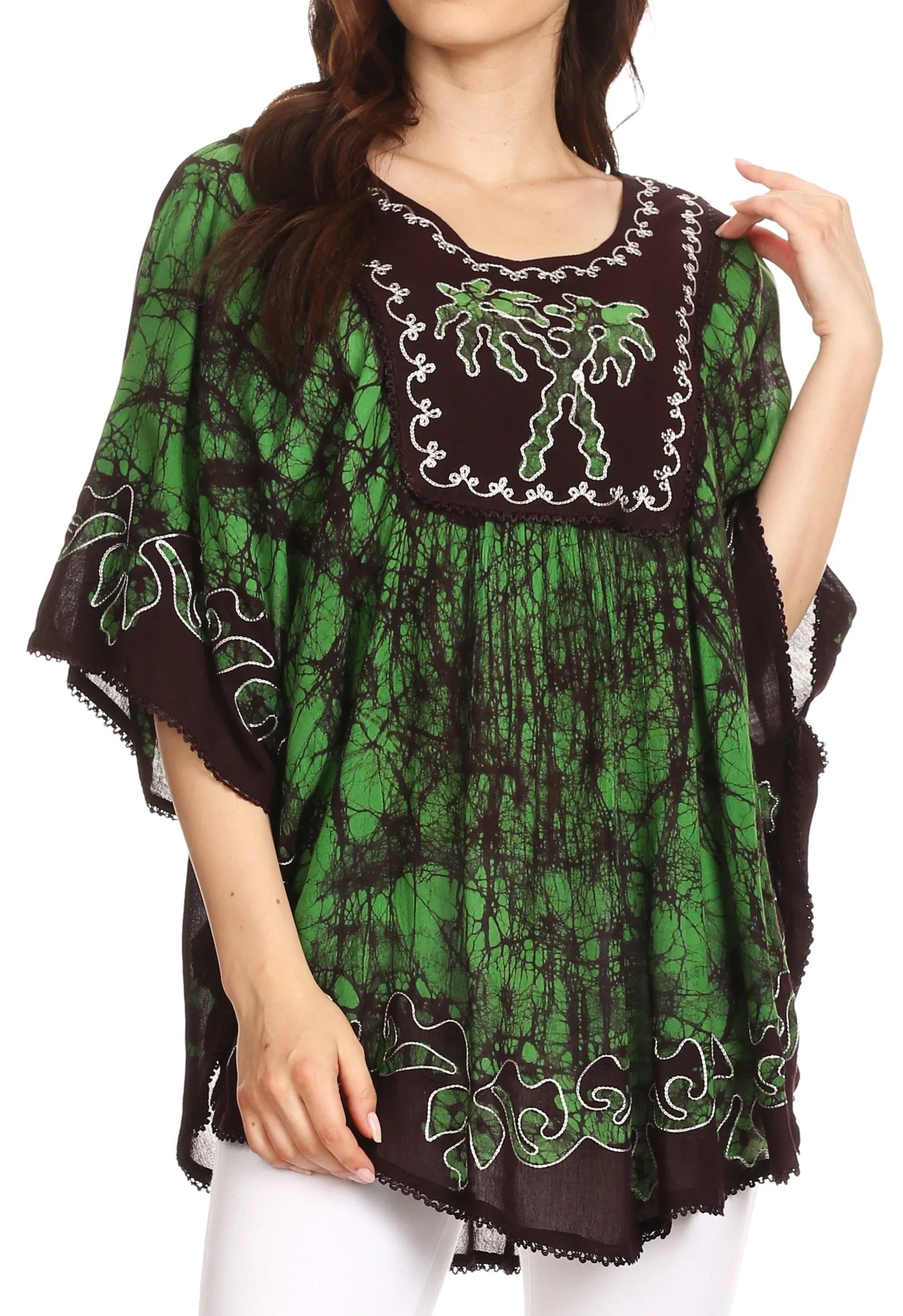 Sakkas Lynda Two Tone Batik Embroidered Palm Tree Peasant Top / Poncho