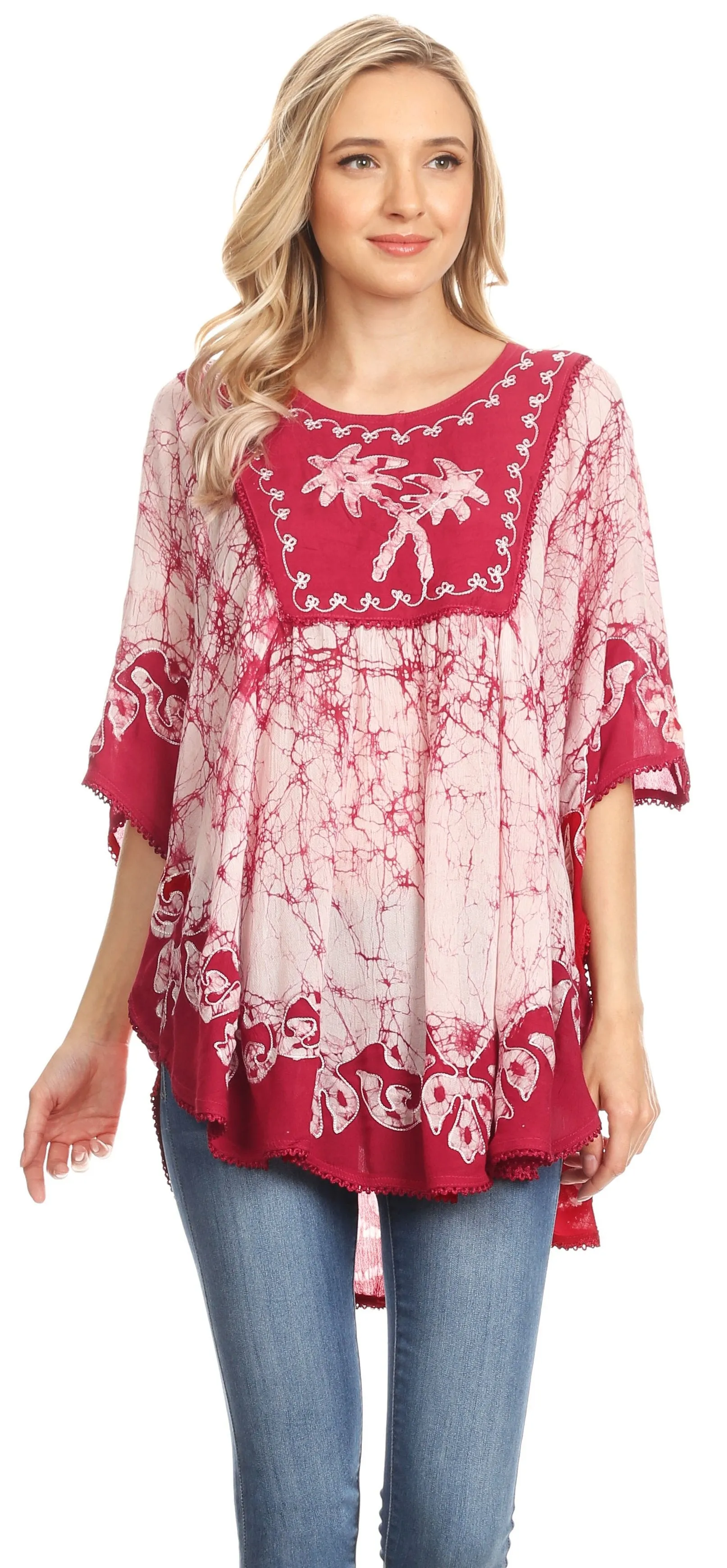 Sakkas Lynda Two Tone Batik Embroidered Palm Tree Peasant Top / Poncho