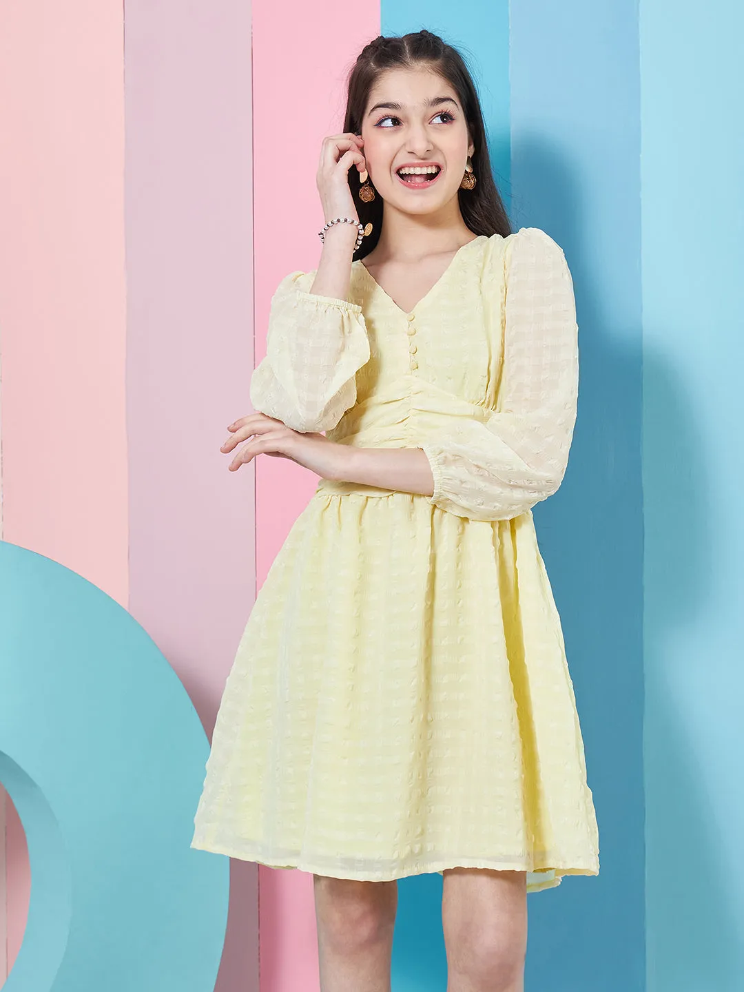 Self Design Puff Sleeve Georgette Fit Flare Dress