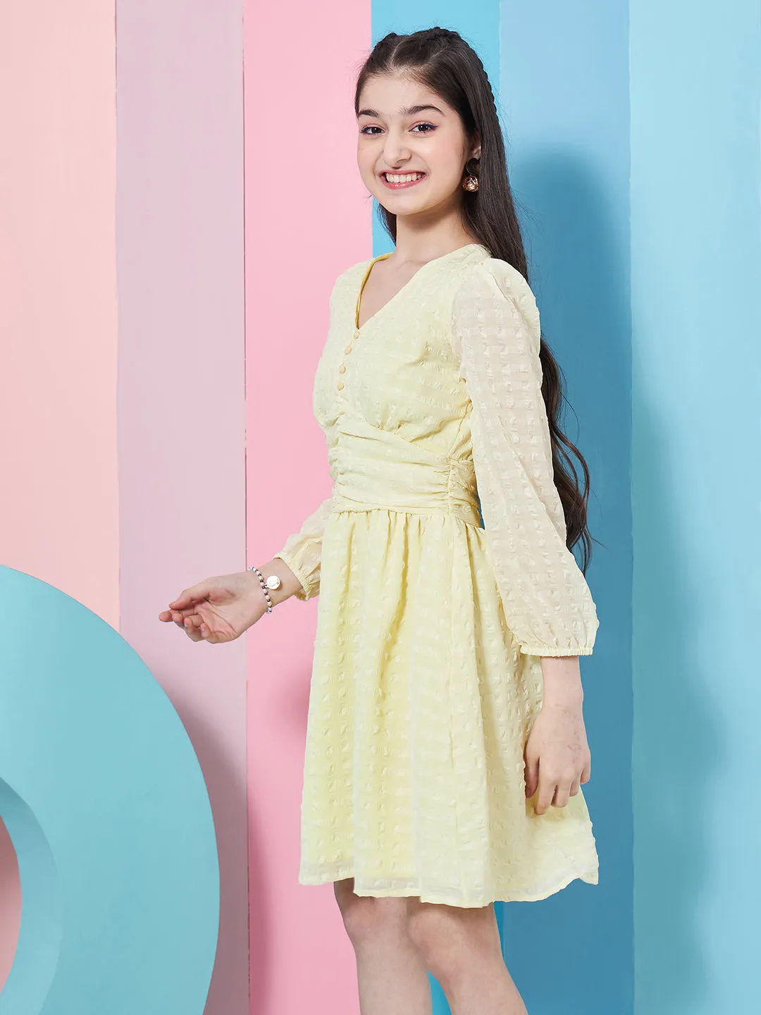 Self Design Puff Sleeve Georgette Fit Flare Dress