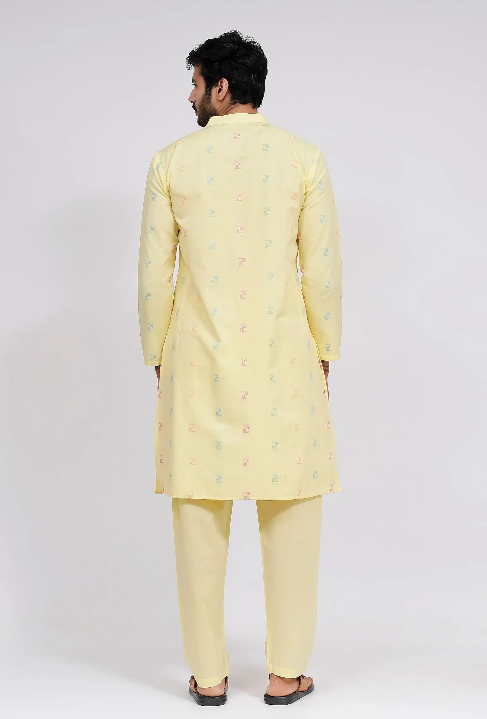 Set of 3: Yellow Stripe Nehru Jacket With Yellow Dobby Button Down Kurta and Pajama