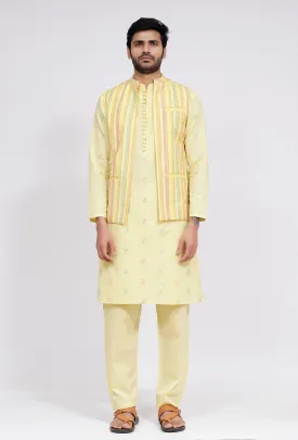 Set of 3: Yellow Stripe Nehru Jacket With Yellow Dobby Button Down Kurta and Pajama