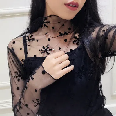 Sexy Hollow Out Women Mesh Tops New 2017 Korean Fashion Blouse Shirt Lace Mesh Undershirt Transparent Spring Basic Tops Blusas