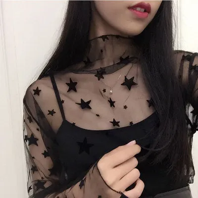 Sexy Hollow Out Women Mesh Tops New 2017 Korean Fashion Blouse Shirt Lace Mesh Undershirt Transparent Spring Basic Tops Blusas